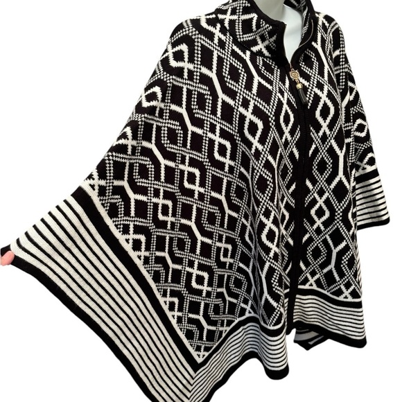 Anne Klein Black White Graphic Sweater Poncho 1/4 Zip 3X Classy Cozy Fall Winter - Picture 5 of 7